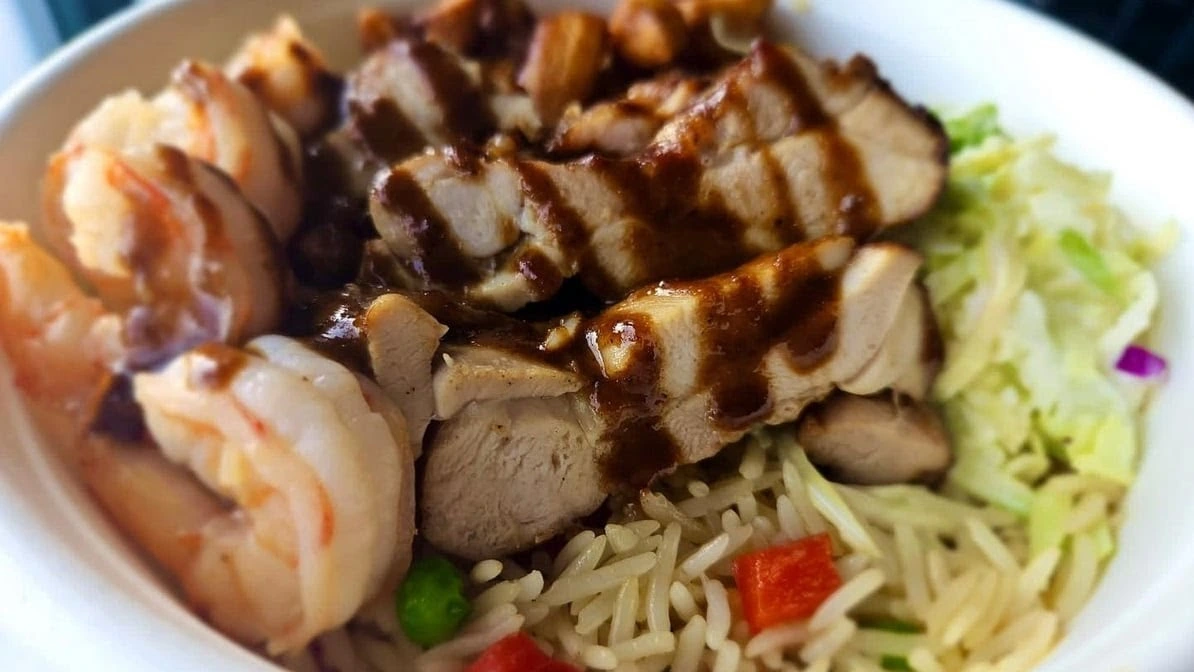 Chicken and shrimp rice bowl with slaw - Fusion rice bowl at Global Pot Fusion Cuisine in Winnipeg