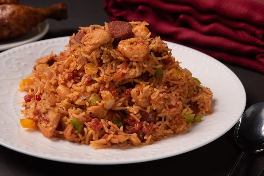 Mixed fried rice with chicken, shrimp and sausage - African fusion cuisine at Global Pot Fusion Cuisine Winnipeg MB
